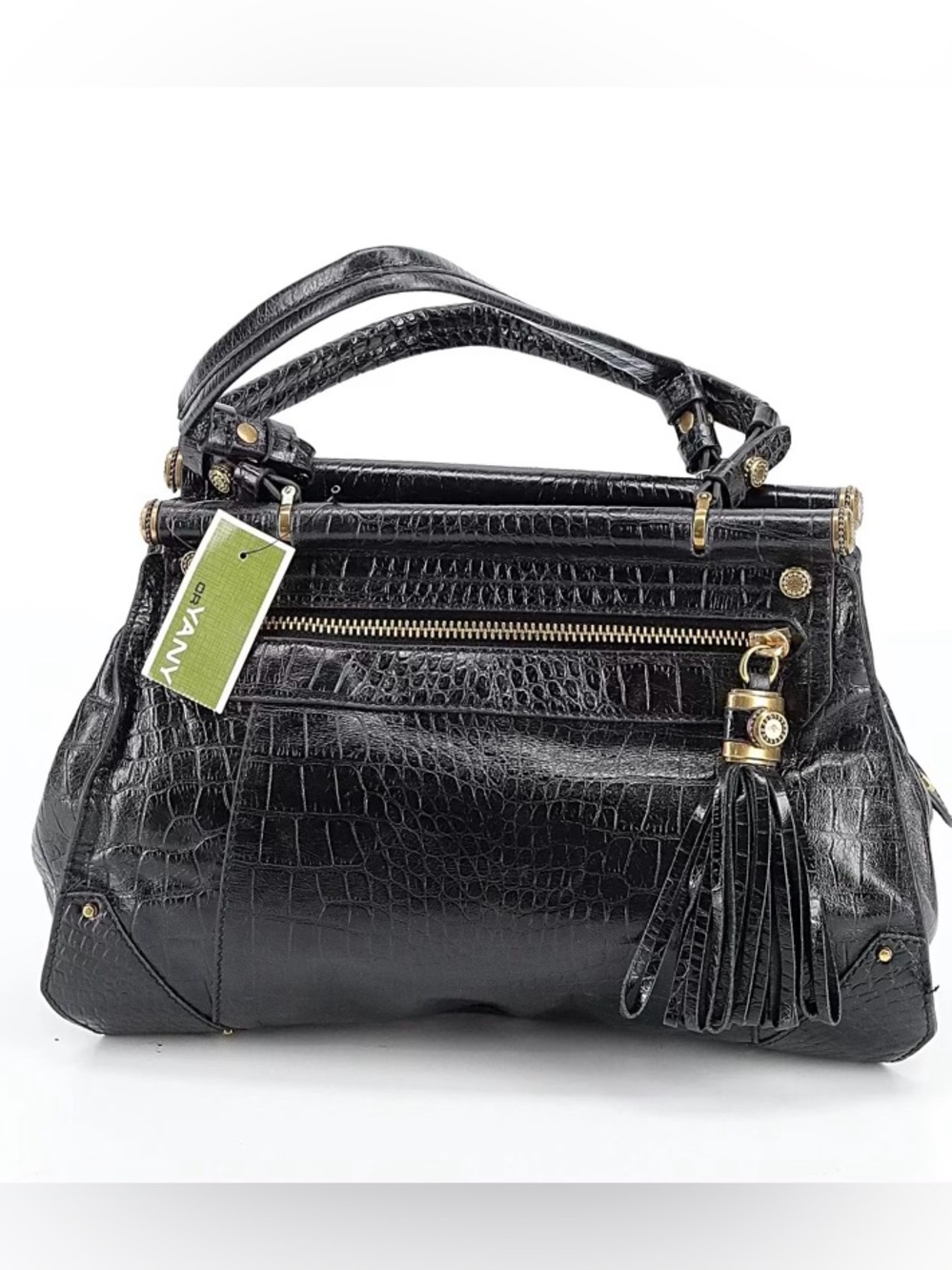 Black Croc Leather Top Handle Bag with Tassel $500